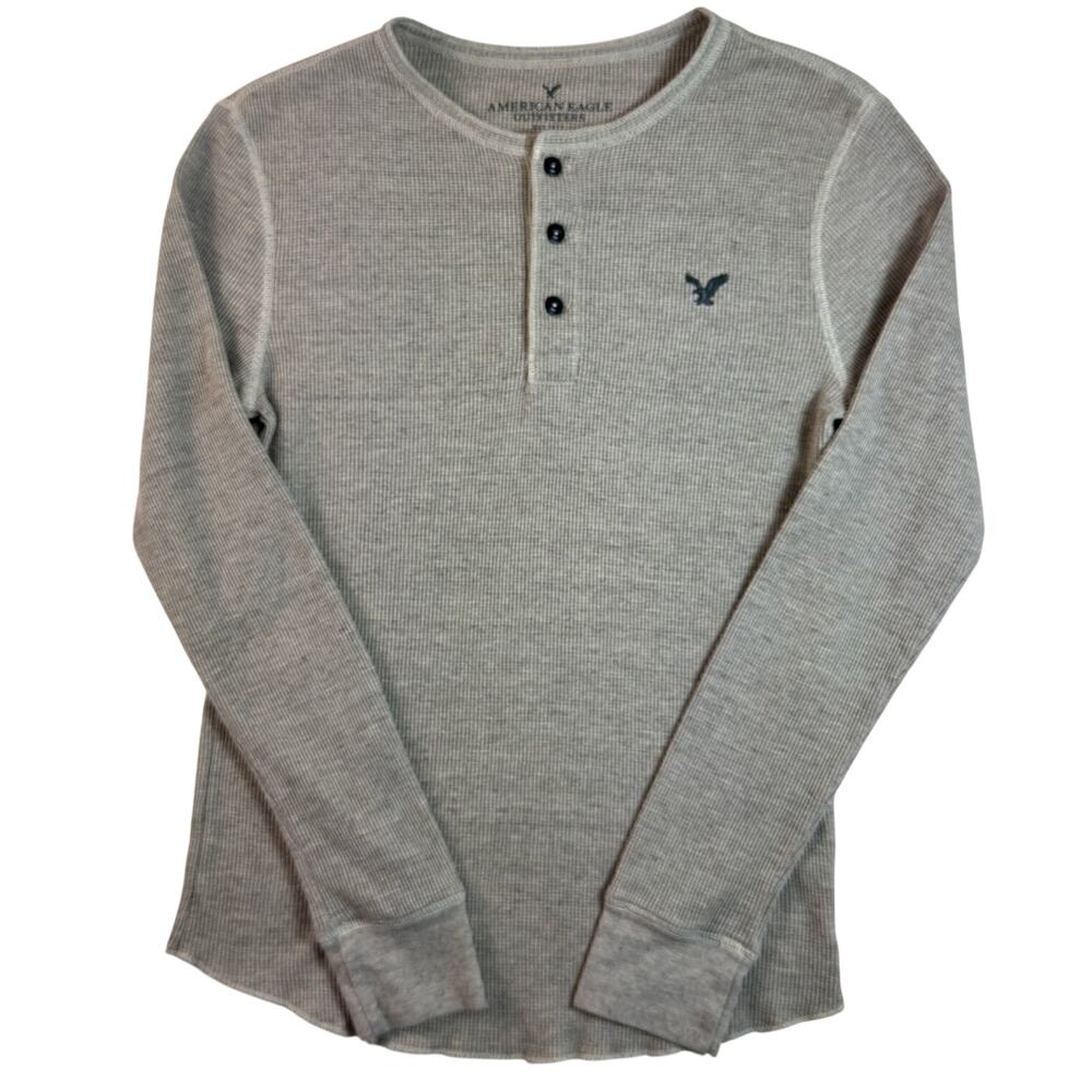 Y2K American Eagle Men's S Thermal Henley Shirt Gray Waffle Knit Classic Fit